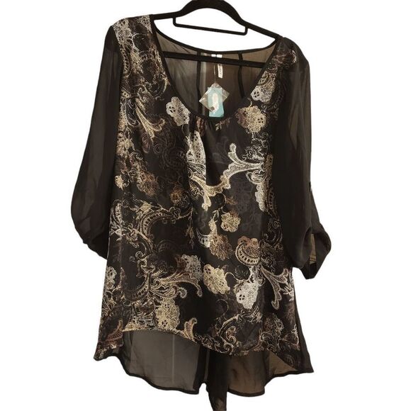 Maurices Studio Y Large Black White Lace Button 3/4 Sleeve Chiffon Top - Picture 1 of 13